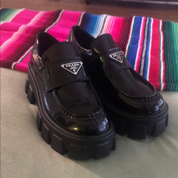 Prada Glossy Black Platform Loafers - Picture 1 of 9